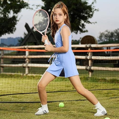 Girls Sleeveless Tennis Dress Tank Top Skorts Skirts High Waist Side Slit Outfit Athletic Sets with Shorts Pockets thumbnail 2
