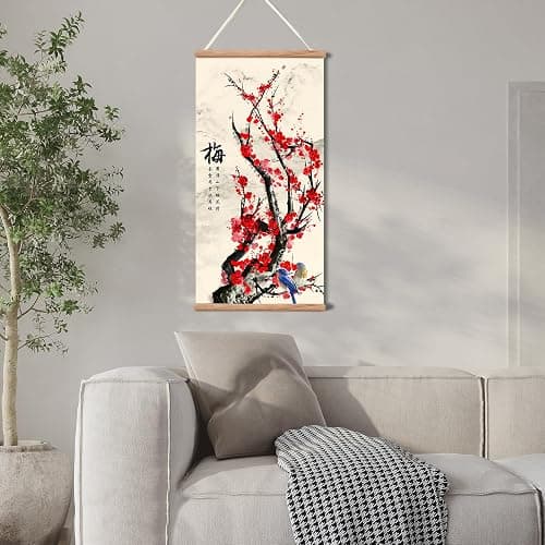 Plum Bossom Chrysanthemum Bamboo Orchid Painting ,Wall Art for Living Room Bedroom,Chinese Traditional Meticulous Painting,Posters and Printing,Fixed Wooden Hanging Scroll (Plum Blossom, 16”x32”) thumbnail 4