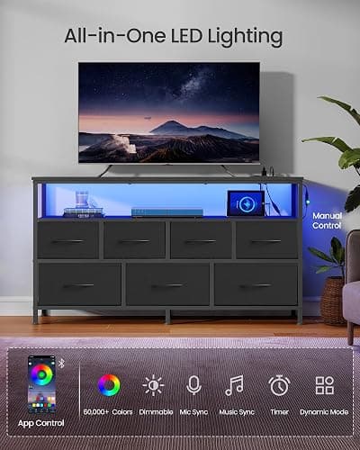 SONGMICS BELLAH Collection - Dresser for Bedroom with App-Controlled LED Lights and Charging Station, Chest of Drawers, TV Stand, 7 Drawers, Shelf, Modern, Ink Black ULGS733BH02S thumbnail 5