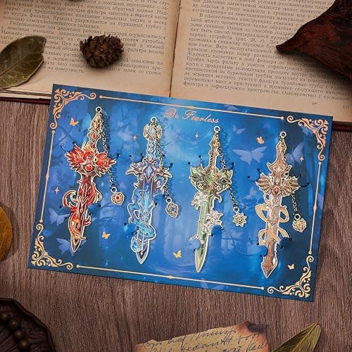Fantasy Sword Bookmarks 4pcs - Medieval Knight Warrior Metal Book Marks for Readers, Gifts for Book Lovers, Cool Literary Page Holders for Reading Accessories, Men Women Teens, Christmas Birthday thumbnail 9
