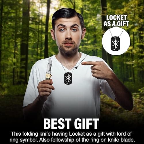 Huntex 3.25" Folding Pocket Knife, 420HC Blade, Pakka Wood Handle, Brass Lord of the Rings Symbol, EDC Tactical Knife with Gift Locket, Ideal for Camping, Survival, and Gifts (Blue Sheath) thumbnail 3