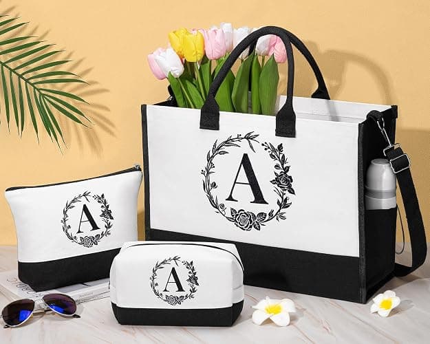 Personalized Christmas Gifts for Women, Initial Canvas Tote Bag & Makeup Bag Monogrammed Beach Tote Bags for Women w/Zipper, Birthday Gifts for Mom Her Sister Friend Girlfriend Wife Daughter Teacher thumbnail 2