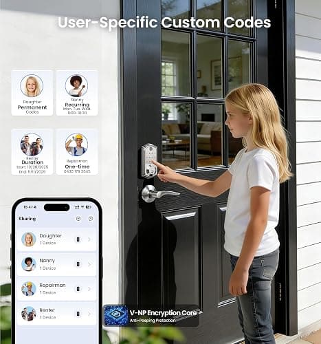 Veise VE017 Fingerprint Smart Door Lock, App Control, 8-in-1 Keyless Entry, Auto Lock, Emergency Power Port, Electronic Touchscreen Keypad, Biometric Smart Locks for Front Door, Satin Nickel thumbnail 4