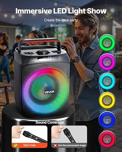 VEVOR Karaoke Machine for Adults, 30W, 6.5-inch Portable Bluetooth Speaker with 2 Wireless Microphones, LED Light, TWS Function, Handle, Support Micro TF Card, USB, AUX, for Home Karaoke Party Singing thumbnail 5