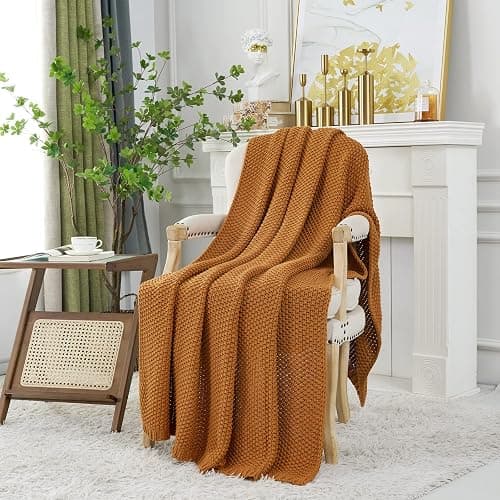 Chunky Cable Knit Throw Blanket Lightweight Burnt Orange 100% Organic Cotton Blanket for Sofa Couch Bed Baby Nursery, Rustic Shabby Chic Modern Farmhouse, 51” x 63” Give Laundering Bag thumbnail 3