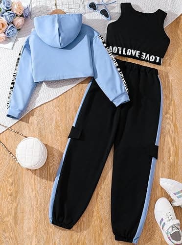 Hilinker Girls Graphic 3 Piece Outfits Workout Hoodie Crop Tank and Sweatpants Set thumbnail 2