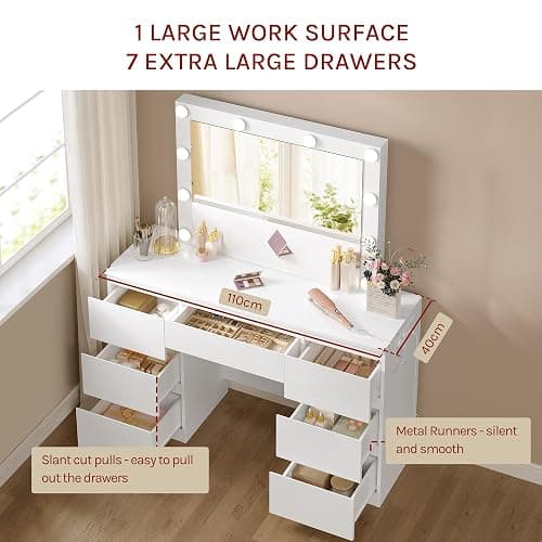 ⭐️WOLTU Dressing Table with Lights and Socket Strip, Vanity Desk with Large LED Mirror and 7 Drawers, Makeup Desk 110x39.5x140cm, White Modern Bedroom Dresser, MB6124ws thumbnail 5