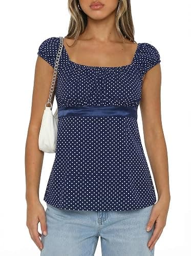 Women's Babydoll Tops Y2k Fairy Baby Doll Tops, Cap Sleeve Polka Dot Top with Adjustable Waist Tie, Flowy Going Out Tops - Image 1