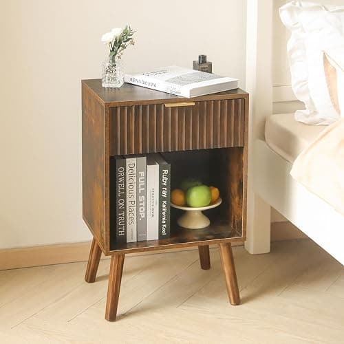 Fultyle Mid Century Modern Nightstand, Wood Bedside Table with Drawer and Opening Storage, End Table Living Room Fluted Night Stand with Solid Wood Legs for Bedroom (Rustic Brown) thumbnail 8