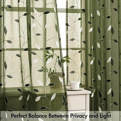 MIULEE Olive Green Sheer Curtains 2 Panels Embroidered Leaf Patterned Rod Pocket Floral Semi Faux Linen Window Curtains Drapes Set for Living Room Bedroom Dining Room, 52x84 Inches Long thumbnail 5
