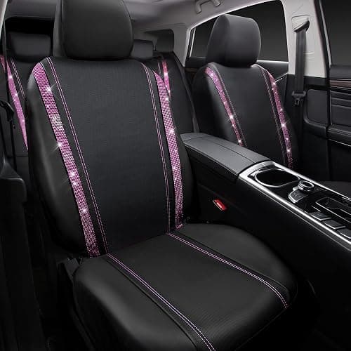 CAR PASS Bling Diamond Car Seat Covers Full Set, Shining Rhinestone Waterproof Faux Leather, Rear with Zipper, Universal Fit Automotive Glitter Crystal Sparkle Strips for Women Girl, Black Pink thumbnail 2