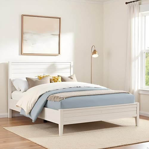 Arden Queen Size Panel Bed Frame – Solid Brazilian Pine Wood with High 50" Headboard, Low 18" Footboard, 8" Underbed Clearance – Rustic Boho Bedroom Style by Alaterre Furniture (Light Driftwood White) - Image 1
