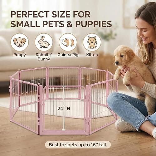 Freepet Pink Dog Playpen for Small Dogs & Puppies - 24 Inch Metal Pet Fence Indoor Outdoor with Door, Foldable Exercise Pen, Portable Rabbit Enclosure for Camping, RV, Yard (8 Panels) thumbnail 2