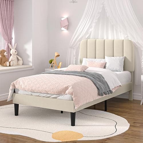 VECELO Twin Size Bed Frame with Upholstered Headboard, Velvet Platform Bedframe Mattress Foundation, Strong Wood Slat Support, No Box Spring Needed,Velvet Beige thumbnail 2