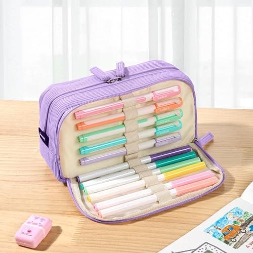Sooez Big Capacity Pencil Case Pen Pouch, Soft Corduroy Pencil Bag with 3 Compartment, Multiple Pockets, Sturdy Zipper, Cute School Supplies Pen Bag Organizer For Teen Girls College, Beige - Beige thumbnail 2