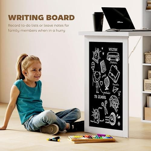 HOMCOM Fold-Out Convertible Writing Table, Computer Desk with Blackboard and Side Shelf Multi-Function Home Office Workstation, White thumbnail 6