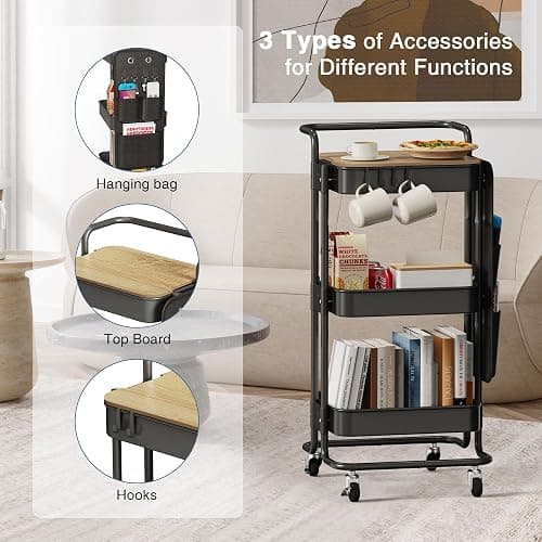 DTK 3 Tier Metal Utility Rolling Cart with Table Top and Side Bags, Tray Storage Organizer Wheels, Art Craft 4 Hooks for Kitchen Bathroom Office Living Room (Black) thumbnail 7