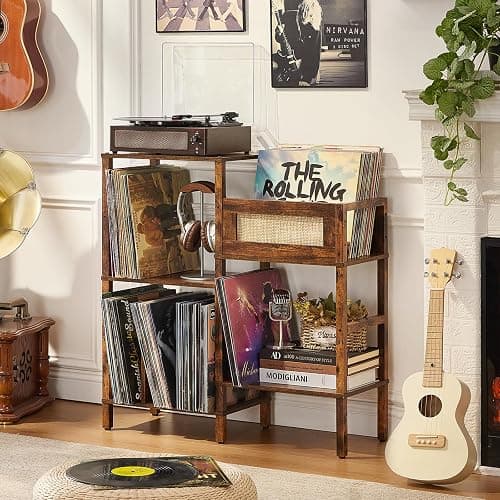 LELELINKY Record Player Stand, Vintage Brown Wood Record Holder with Vinyl Storage Holds up to 300+ Albums, 3-Tier Rattan Media Table with Vinyl Display Shelf, Record Storage Cabinet for Living Room thumbnail 7