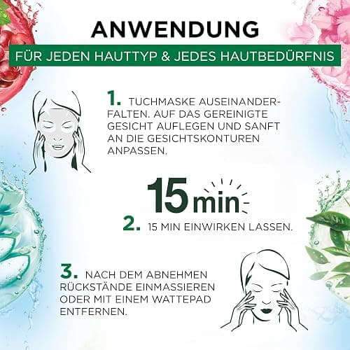 Garnier Tuchmasken Set für jeden Hauttyp, 7 Gesichtsmasken für trockene bis normale Haut, Vegane Formel mit Hyaluronsäure, Hydra Bomb und Nutri Bomb Maskenset, 7 x 28 g thumbnail 6