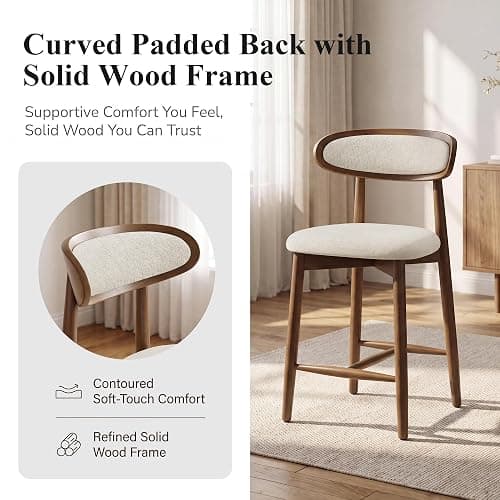 smartue Wooden Barstools Set of 3, Upholstered Counter Height Chairs, 24.8” Counter Height Stools with Ergonomic Backrest & Premium Fabric, Beige thumbnail 3