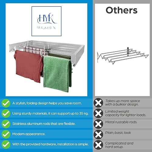HYK Wall Mounted Clothes Airer - Foldable Clothes Drying Rack - 35kg Capacity - Indoor & Outdoor Use Easy to Install - Retractable Drying Rack for Laundry, Bedroom, Garden (WHITE, 70 CM) thumbnail 6