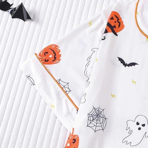 Halloween Pajama Sets for Women 2 Piece Ghost Pumpkin Print Shirts and Pajamas Shorts Button Down Short Sleeve Sleepwear thumbnail 6