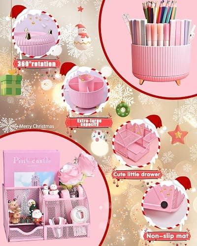 LXEVIHK 21Pcs Pink Desk Organizers and Accessories With Mesh Desk Organizer and 360°Rotating Pen Holder and a Lot of Office Pink Office Supplies Beautifully Presented in a Gift Box thumbnail 3