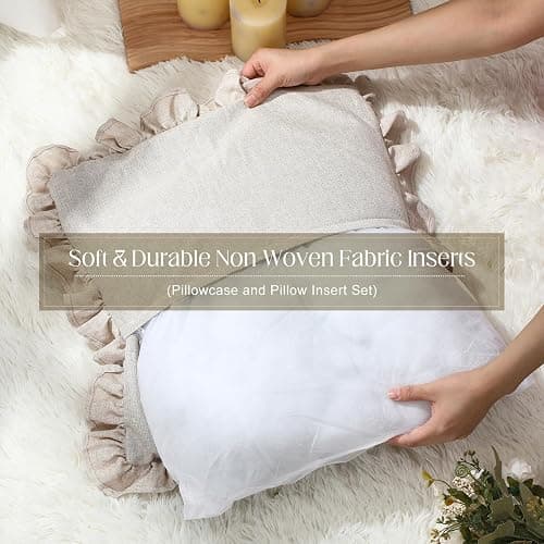 Fiwochic Set of 2 Cream White Ruffle Throw Pillows with Inserts Decorative Linen Zippered Pillows 18 x 18 Inch Include Detachable Pillowcase and Non Woven Fabric Inserts for Cushion Bed Couch Sofa thumbnail 5
