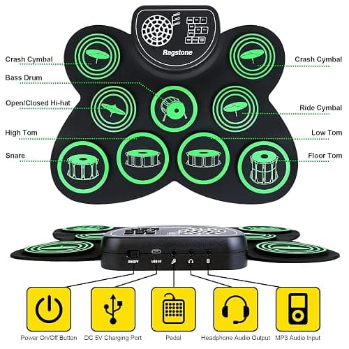 Ragstone Electronic Drum Set, Roll Up Drum Practice Kids Drum Set with Dual Stereo Speaker, MIDI, Foot Pedals, Drum Sticks, Ideal Electric Drumset Toy Gifts (Green (Dual Speaker)) thumbnail 3