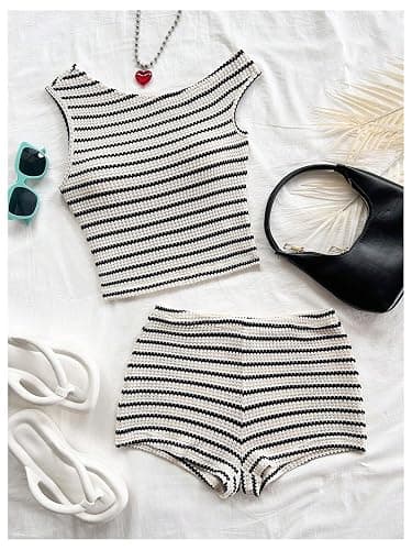 SOLY HUX Women's 2 Piece Striped Off The Shoulder Crop Tops and Mini Shorts Set Summer Y2K Going Out Outfits thumbnail 4