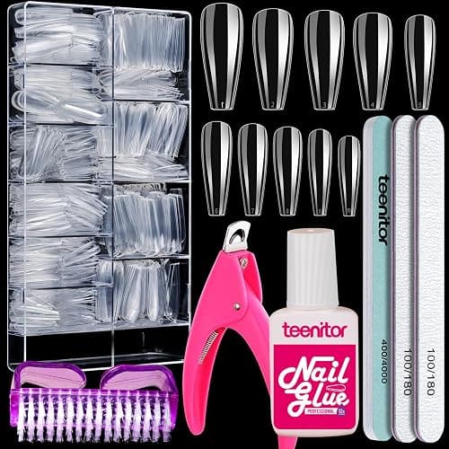 Teenitor Clear Coffin Nail Tips Set, Long Acrylic Nail Kit Full Cover Clear Press On Nails, 600 Pcs Fake Nails with Glue, Acrylic Nail Clipper Files and Buffer Polisher - Image 1