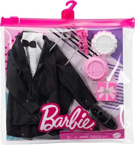 Barbie Fashion & Accessories Pack, Bridal Set with Groom Outfit for Ken Doll with Tuxedo, Shoes, Watch, Wedding Cake with Tray & Bouquet thumbnail 3