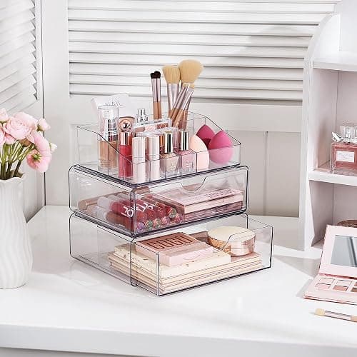 Vtopmart 3 Tier Clear Makeup Organizer with Drawer, Cosmetic Storage for Dresser Countertop and Bathroom Vanity, Beauty Holder for Lipstick Brush Skincare - 3 Tier thumbnail 5