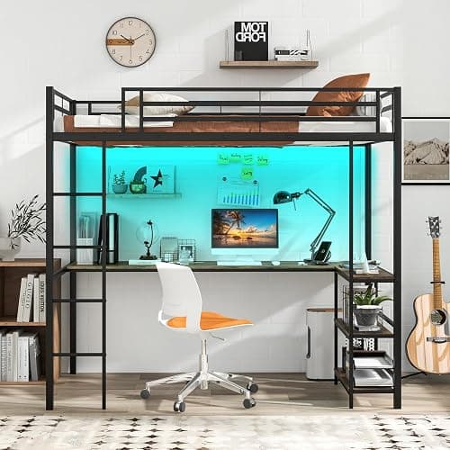 Giantex Twin Size Loft Bed with L Shape Desk, Metal Loft Bed with LED Lights, Charging Station & 2 Storage Shelves, Loft Bed Frame for Teens Adults Juniors w/Safety Guardrail, No Box Spring Needed thumbnail 9