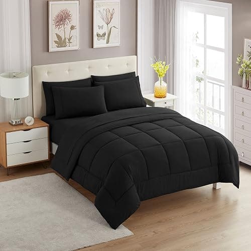 Full Size Comforter Set with Sheets - 7-Piece Bedding Collection - 1 Comforter, 1 Fitted Sheet, 1 Flat, 4 Pillowcases - Deep Pocket - Soft & Breathable Premium Quality - Ideal for All Seasons, Black - Black - Full - Image 1