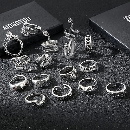 AIDSOTOU Mens Vintage Open Rings Set Frog Snake Skull Cool Punk Goth Ring for Men Women Adjustable (Silver-16 PCS) thumbnail 3