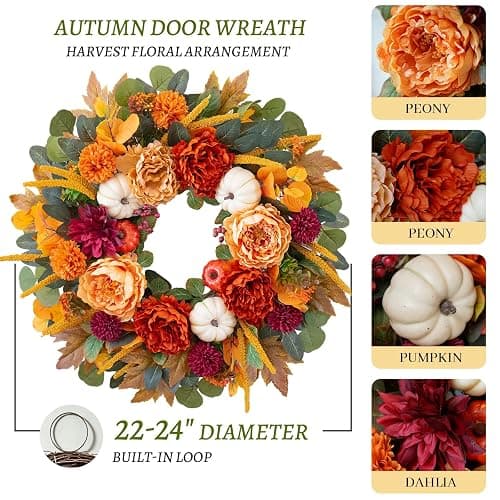 24 Inch Fall Wreaths for Front Door with Orange Peony and Burgundy Dahlias | Artificial Silk Autumn Wreath with Realistic White Pumpkin,Rustic Farmhouse Thanksgiving Halloween Decorations for Porch Wall thumbnail 3