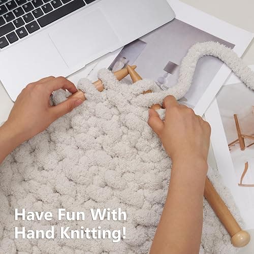 Cozyful Chunky Yarn for Hand Knitting - #10 Chunky Chenille Yarn, Jumbo Big Thick Chunky Yarns for Crocheting, Super Bulky Chunky Knit Blanket Yarns, 8 Skein (25 yds 8 oz Each Skein), Beige White thumbnail 6