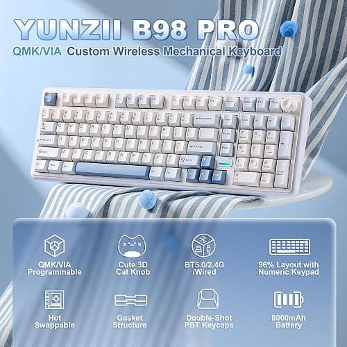 YUNZII B98 PRO 96% Wireless Mechanical Keyboard(Blue, Candy Switch) | QMK/VIA, with Numpad, Dual-Style Knob Design, Creamy Pre-Lubed Switches, Hot Swap, Gasket Mount, RGB for Gaming/Win/Mac thumbnail 2