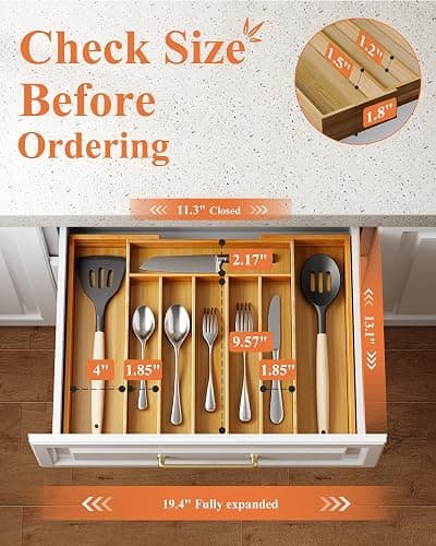 Kitsure Large Bamboo Silverware Organizer - Expandable Drawer Organizer for Utensil, Cutlery and Flatware, Kitchen Storage Solution with 6 to 8 Slots, Natural, 19.4" × 13.1" × 1.8" thumbnail 3