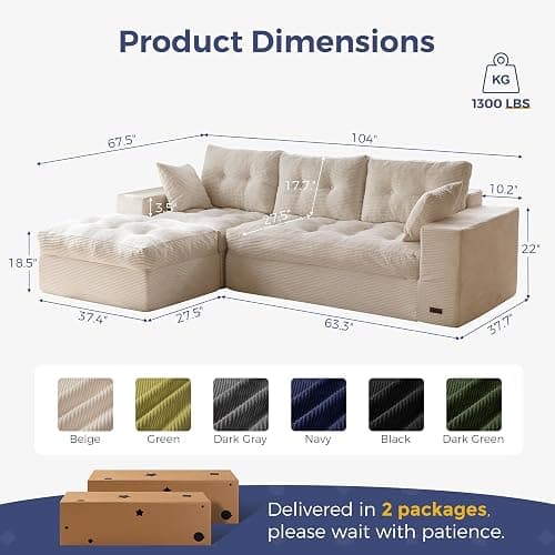 MAXYOYO 104" L Shaped Modular Sectional Sofa with Ottoman, Cloud Boneless Couch with Layered Cushion, Upholstered Sofa in a Box, Flexible Module Combination for Living Room, No Assembly, Beige thumbnail 2