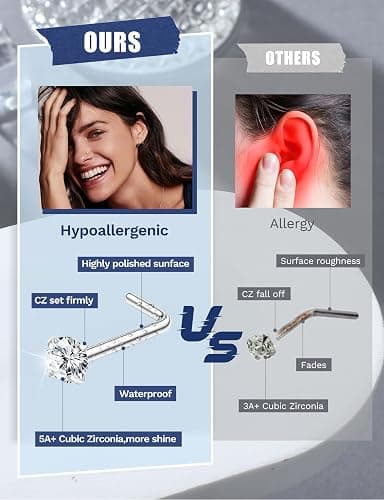 28PCS Hypoallergenic Nose Rings Hoops Studs - 316L Stainless Steel Nose Ring for Women Men - L Shaped CZ Nose Stud Hoop Nostril Piercings Jewelry Set 18G 20G 22G Silver Rose Gold Black Rainbow thumbnail 5