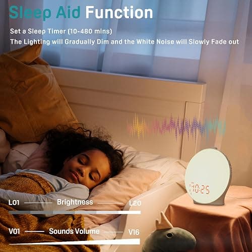Sunrise Alarm Clock White Noise Sound Machine with 25 Soothing Sounds, 17 NightLights, Bluetooth Speaker Wake Up Light Alarm Clock for Bedrooms, Heavy Sleepers, Baby, Kids, Adults, Seniors, Ideal Gift thumbnail 4