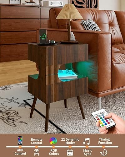 JOONEE Nightstand with Charging Station and LED Lights,Modern Bedside Table with 2 Storage Drawer,Night Stand with Solid Wood Legs,White (Walnut Brown) thumbnail 4