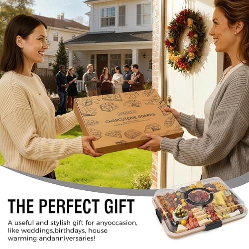 Renmxj Charcuterie Board with Clear Lid, Travel Portable Cheese Board Charcuterie Boxes Cutting Boards for Kitchen, House Warming Gifts New Home, Gifts for Women (6 Compartments Black) thumbnail 8