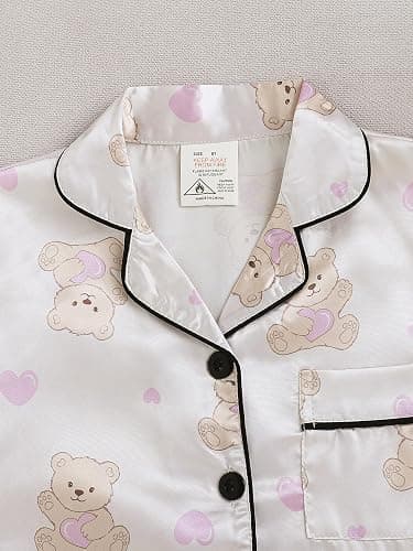 MyFav Girls Pajama Set Short Sleeve Button Down Silky Satin Girls PJS Kids Sleepwear Summer Nightwear Loungewear Set thumbnail 5