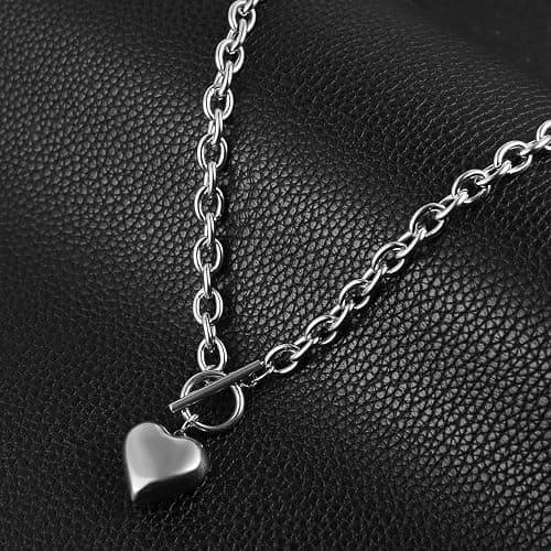 HZMAN Women Stainless Steel Multilayer Necklace Heart Pendant Dog Tag Pendant Chunky Cuban Chain Link Toggle Clasp Necklace thumbnail 4