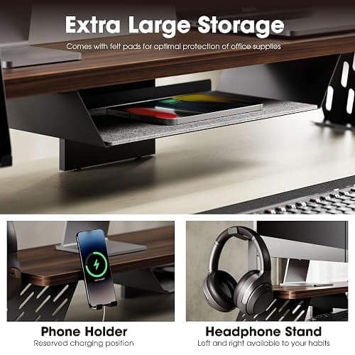 Fenge Dual Monitor Stand, Wooden Desk Shelf with Headphone & Phone Holder | 42.5" Monitor Riser with Storage Shelf, 2-Tier Monitor Shelf with Metal Leg for Home Office Organizer, Brown thumbnail 4