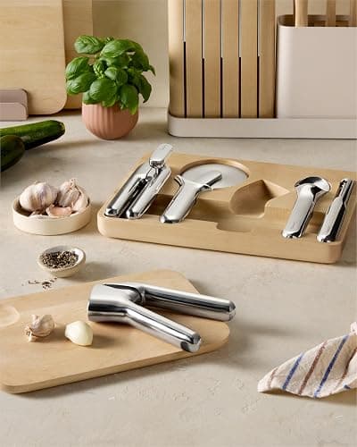 Caraway Kitchen Gadget Set - 5 Piece Kitchen Essentials - Stainless Steel - Includes Can Opener, Pizza Cutter, Garlic Press, Ice Cream Scoop, Vegetable Peeler, and Storage Organizer thumbnail 2