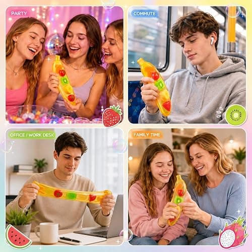 Clear Banana Squishy Toy with Colorful Fruit, Squeeze Stress Relief Toy | Slow Rising Banana Fidget Toys, Soft Anxiety Relief Sensory Toys, Realistic Fruit Shape Squeeze Toys, Birthday Party Favors thumbnail 5